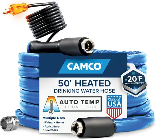 Camco Manguera de agua calentada de 50 pies para RV — Previene la congelación hasta -20° — Certificada para agua potable y sin plomo — Ideal para