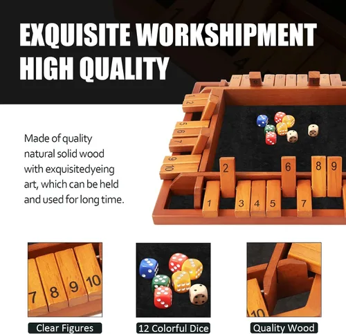 Miniatura 3 de TooyBing - Juego mejorado de dados Shut The Box para 1-4 jugadores, juego de mesa de madera para la familia para niños y adultos con 12 dados, juego