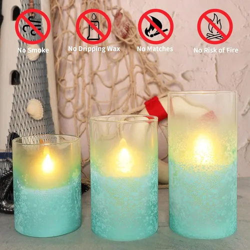 Miniatura 2 de Velas azules sin llama con control remoto de vidrio aguamarina hechas a mano, velas de chorro de arena que funcionan con pilas, velas LED