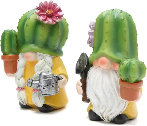 Miniatura 5 de Hodao Figuras de gnomo de cactus, bonitas estatuas de gnomo de resina pintadas a mano para decoración de primavera y verano, hogar y jardín, patio