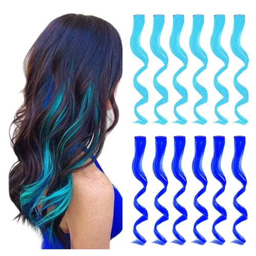 Extensiones de cabello con clip de colores, 12 piezas para mujeres, niños y niñas, 16 pulgadas, ondulado, rizado, azul y verde azulado colorido