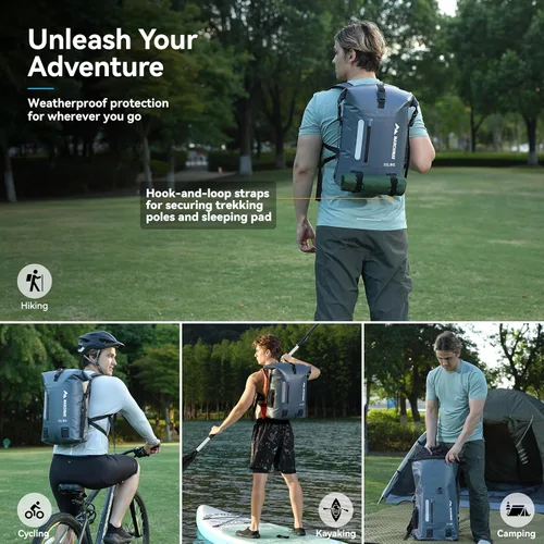 Miniatura 6 de MARCHWAY Mochila impermeable con parte superior enrollable, bolsa seca flotante de 20L/30L/45L con base rectangular ergonómica, espalda acolchada