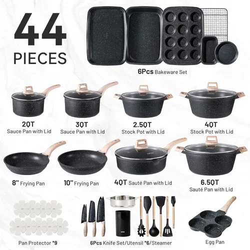 Miniatura 2 de CAROTE Juego de 44 piezas de ollas y sartenes antiadherentes, juegos de utensilios de cocina, juego de cocina antiadherente, ollas de inducción