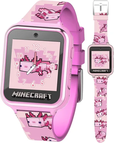Minecraft - Reloj inteligente para niños, diseño de ajolote rosa, 10 caras de reloj, contador de pasos, cámara selfie, calculadora, juegos,