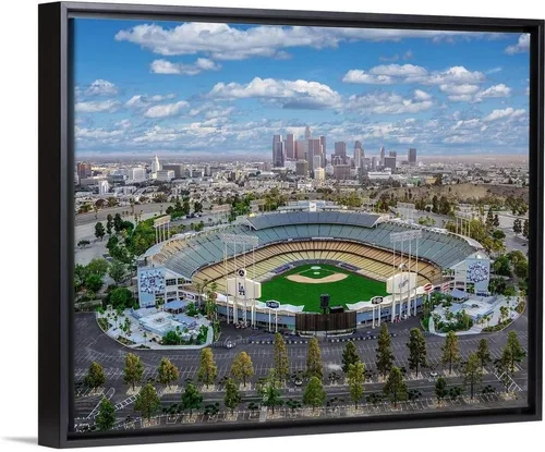 CANVAS ON DEMAND Estadio Dodger de Los Ángeles Lienzo Enmarcado Flotante Negro Arte de Pared Impreso por Copterpilot Photography, Fotografía de