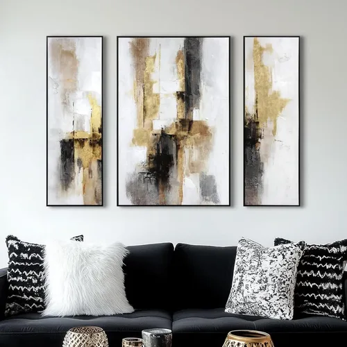 3 piezas de arte abstracto en negro y dorado - Impresiones modernas en lienzo texturizado con trazos de pincel aplicados a mano, decoración de pared