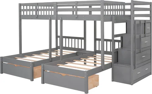 Miniatura 6 de Literas de tamaño matrimonial sobre individual e individual, litera triple de madera con cajones de almacenamiento, barandillas y escalera para 3