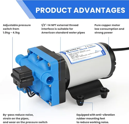 Miniatura 4 de Anbull Bomba de agua autocebante de 110 V, 5.0 GPM, 55 PSI, bomba de diafragma de presión de agua industrial con adaptadores de manguera de jardín