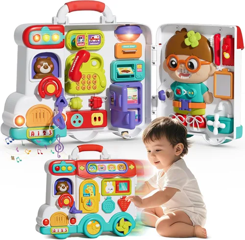 Tablero Ocupado 54 en 1 en Inglés y Español Juguetes Montessori Regalo para Niños de 1 a 2 Años, Juguetes Educativos Montessori para Niños Pequeños,