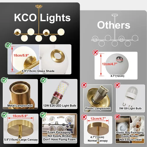 Miniatura 3 de KCO Iluminación Moderna Candelabro Colgante Lineal de Latón con 7 Luces de Cristal Dorado y Blanco, Iluminación Colgante Globo de Mediados de Siglo