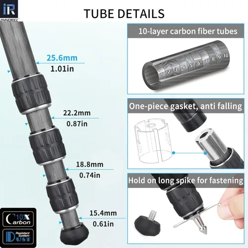Miniatura 5 de Trípode de fibra de carbono Monopod INNOREL KT254C Trípode de viaje compacto portátil profesional para cámara DSLR, soporte de soporte de tubo