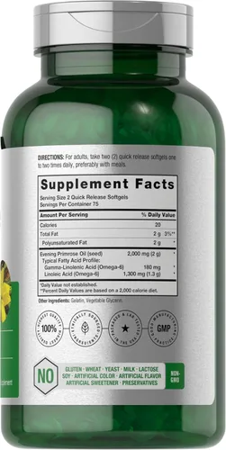Miniatura 2 de Horbäach Cápsulas blandas de aceite de onagra 2000 mg 150 píldoras Suplemento prensado en frío, sin hexano con GLA Sin OMG, sin gluten