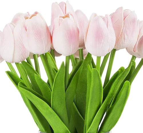 Miniatura 2 de Arreglo floral de tulipanes artificiales de tacto real en jarrón de vidrio transparente con agua sintética para decoración del hogar y boda (rosa)