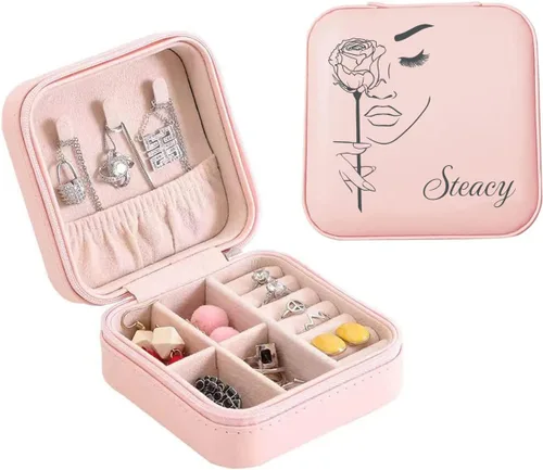 Miniatura 3 de Joyero personalizado con tu nombre y mes de la flor de nacimiento, organizador de joyas de cuero personalizado, estuche de viaje, regalos Negro