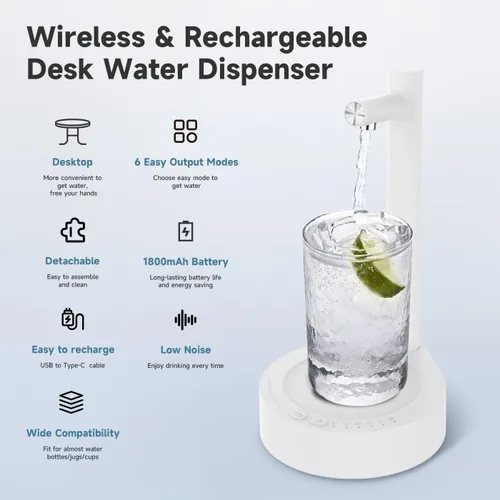 Miniatura 5 de Dispensador de agua de escritorio para botella de 5 galones, bomba de agua eléctrica portátil de escritorio con carga USB-C rápida para el hogar