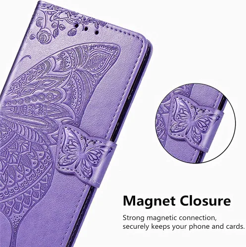 Miniatura 5 de Funda tipo cartera para Samsung Galaxy S22 Ultra 5G, piel sintética de alta calidad con diseño de mariposa en relieve, función atril, ranuras