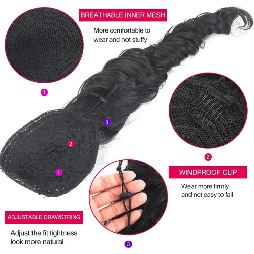 Miniatura 4 de KRSI Extensión de cola de caballo larga y ondulada con cordón, 28 pulgadas, 1B#, para mujeres, clip de cabello negro, cabello sintético, extensión
