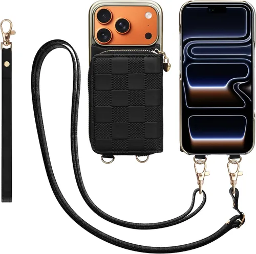 Miniatura 27 de Funda tipo cartera para iPhone 15 de 6.1 pulgadas, bolso cruzado con cremallera y correa para la muñeca con cordón para mujer, tarjetero con bloqueo