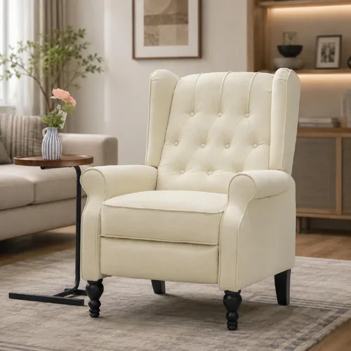 Silla reclinable de ala de mediados de siglo para adultos, sillas reclinables modernas de tela de lino con respaldo acolchado con botones y Beige