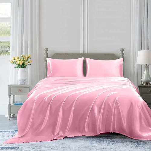 Miniatura 5 de Homiest Sábana de satén rosa tamaño individual, sábana plana de lujo y ultrasuave