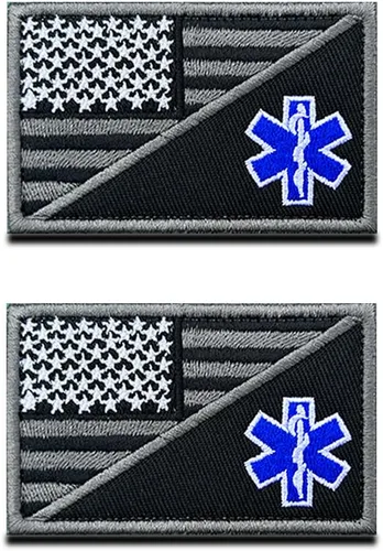Paquete de 2 parches cruzados bordados con bandera americana/técnico médico de emergencia, paramédico, para bolsa de primeros auxilios, EMT, EMS,