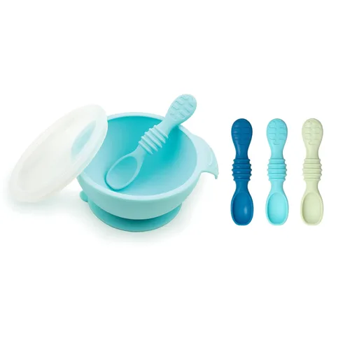 Miniatura 9 de Bumkins Tazón Disney Mickey Mouse, juego de alimentación de silicona con succión, incluye cuchara, elementos de entrenamiento para el destete guiado
