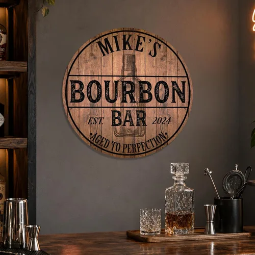 Miniatura 2 de Chico Creek Signs Letrero de barra de Bourbon personalizado, letrero de barra de metal redondo personalizado, envejecido a la perfección, hecho