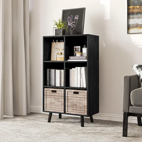 Miniatura 2 de Estantería abierta de 6 cubos, estantería de madera de 3 niveles con patas y panel posterior, ideal para contenedores de almacenamiento de tela
