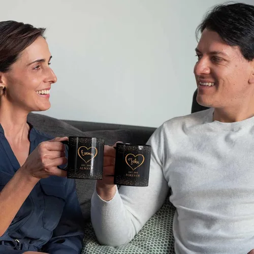 Miniatura 3 de Tazas de café de cerámica personalizadas corazón dorado, nombre personalizado y est. para parejas, conjunto de dos, cumpleaños, aniversario, regalo