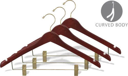 Miniatura 2 de Percha combinada de madera curvada con clips de cojín ajustables, caja de 50 perchas de madera de 17 pulgadas con acabado de nogal y gancho