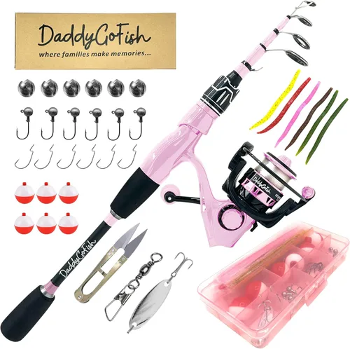 DaddyGoFish Juego combinado de caña de pescar y carrete giratorio con caja de aparejos | Caña de pescar para niños | Kit de caña de pescar Rosa