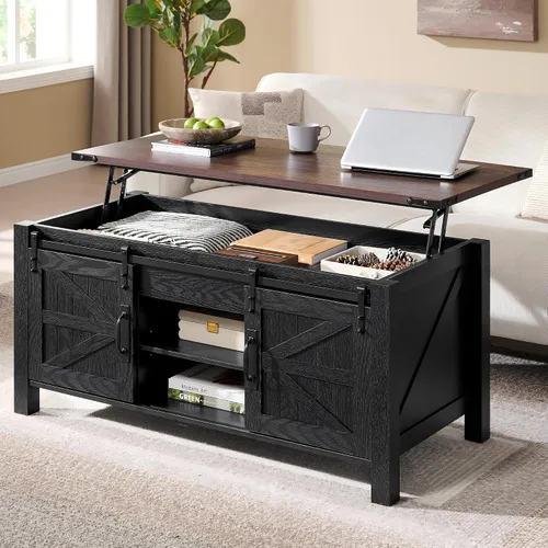 Miniatura 9 de OKD - Mesa de centro de granja de 48" con puerta de granero deslizante, mesa rústica con compartimento de almacenamiento oculto, superficie superior