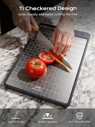 Miniatura 5 de Tabla de cortar de titanio para cocina, titanio puro de doble cara (diseño a cuadros) y paja de trigo PP, corte de grado alimenticio, no tóxico
