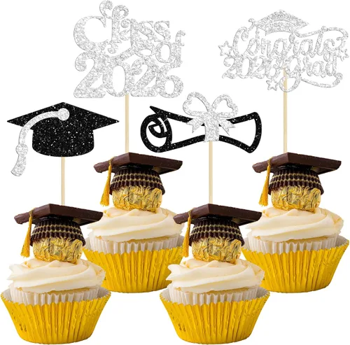 Miniatura 40 de Gyufise 24 piezas de decoración para cupcakes con purpurina para graduación 2026, decoración de pasteles para graduación 2026, decoración de Negro