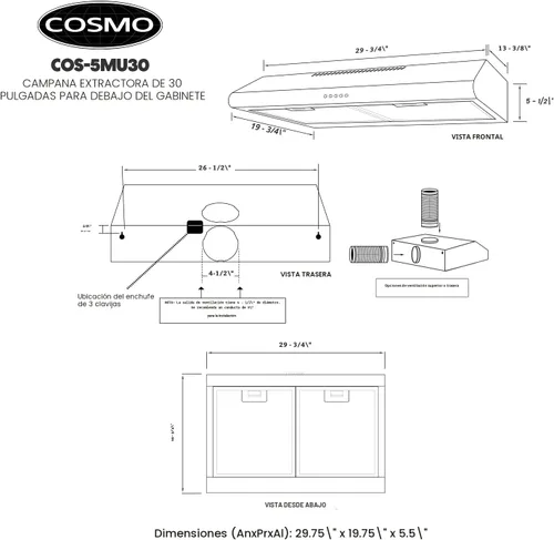 Miniatura 5 de COSMO COS-5MU30 Campana extractora de conductos para debajo del gabinete de la colección Delta de 30 pulgadas, controles de botón, filtros Acero