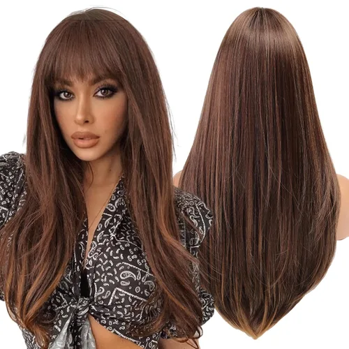 Miniatura 16 de Pelucas rubias cenizas para mujer, peluca larga recta en capas con flequillo, cabello sintético natural con raíces oscuras