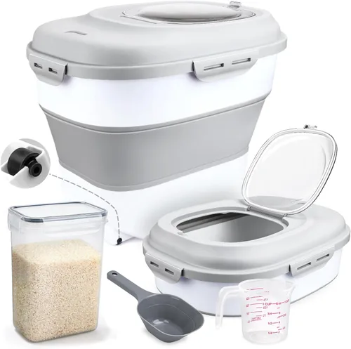Miniatura 8 de Komzon Contenedor de cereales para arroz, dispensador de arroz plegable de 13 a 50 libras con tapa transparente, ruedas rodantes, taza medidora