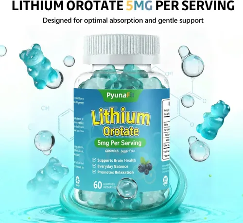 Miniatura 3 de Gomitas de Orotate de litio de 5 mg sin azúcar, suplemento para la salud cerebral y la función cognitiva, vegano, sabor a arándanos, 60