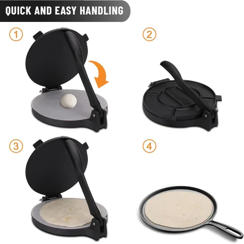 Miniatura 5 de Tortillada Prensa de tortilla de 10 pulgadas + papel pergamino (100 piezas) - Libro electrónico de hierro fundido pre-sazonado con recetas