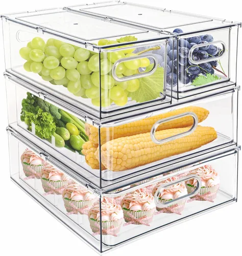 Miniatura 7 de Cajón apilable para nevera con asas, paquete de 3 recipientes grandes transparentes para alimentos con divisores extraíbles, caja de almacenamiento