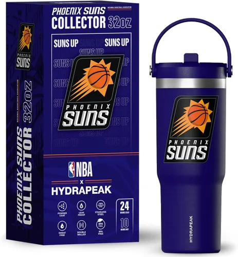 Hydrapeak Botella de agua aislada de acero inoxidable con licencia oficial de la NBA de Phoenix Suns Nomad de 32 onzas con mango de agarre flexible