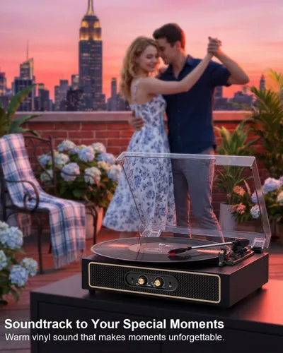 Miniatura 13 de Tocadiscos retro Bluetooth con altavoces integrados, tocadiscos de 3 velocidades por correa, control de graves y agudos, reproductor de vinilo Negro