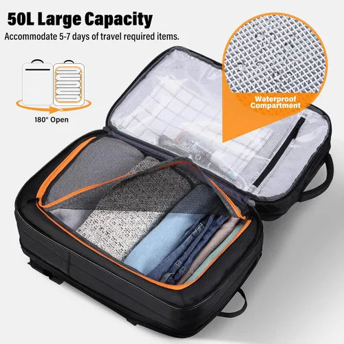 Miniatura 4 de HOMIEE Mochila de viaje de 22 x 14 x 9 aprobada por aerolíneas de 50 L, mochila de viaje extragrande expandible para laptop, color negro