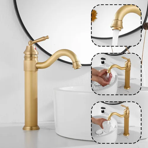 Miniatura 5 de Grifos de lavabo de baño de un solo mango, de cuerpo alto, acabado de latón antiguo con secador desplegable sin desbordamiento