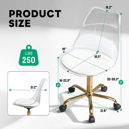 Miniatura 2 de Lessmore Silla de escritorio transparente, silla ajustable de acrílico para oficina en casa con ruedas, silla giratoria giratoria para oficina