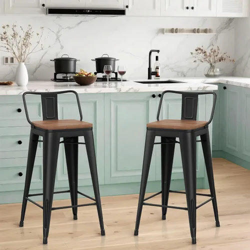 Miniatura 10 de HAOBO Home Taburetes de bar industriales de metal, taburetes de bar con respaldo bajo con asiento de madera [juego de 4] sillas de comedor de 18