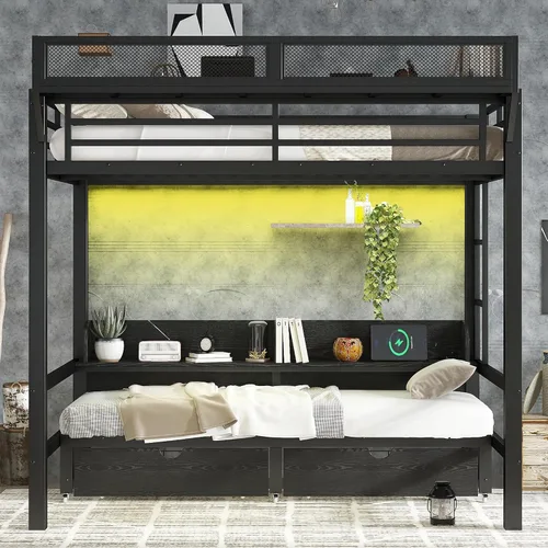 Miniatura 3 de Litera de metal de tamaño matrimonial con cajones y estantes de almacenamiento, literas resistentes con luces LED y estación de carga para niños