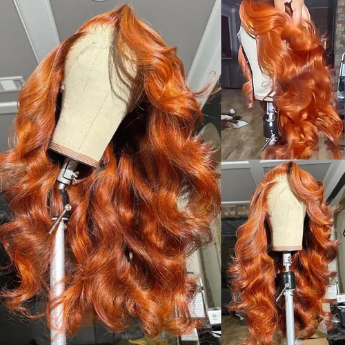 ANDRIA Pelucas de encaje frontal 13x4 HD 28 pulgadas, pelucas de onda corporal naranja jengibre largas sin pegamento, línea capilar prearrancada,