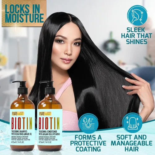 Miniatura 5 de Set de champú y acondicionador de biotina - Fórmula que aumenta el volumen para hombres y mujeres para ayudar con el cabello que se adelgaza - Sin