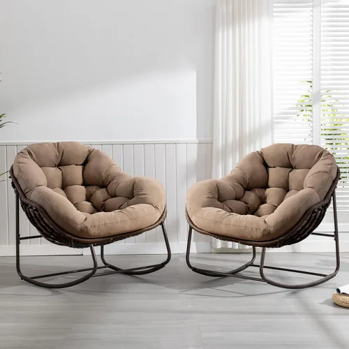 Miniatura 17 de HOMEFUN Juego de 2 mecedoras para patio al aire libre, sillas Papasan Rock de gran tamaño para interiores con cojín acolchado, asiento de huevo